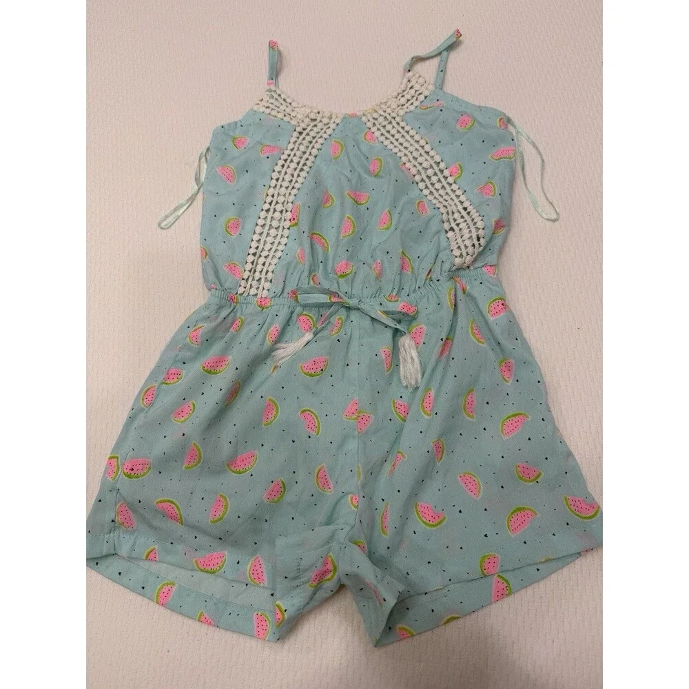 Japna Kids Girls Size 8 Watermelon Print Romper Blue Crochet Trim Summer